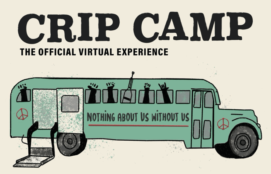 Logo for Crip Camp: The Official Virtual Experience, an illustration of a green bus with wheelchair lift, raised fists extending from the windows, and the phrase “Nothing About Us Without Us” painted on the side.