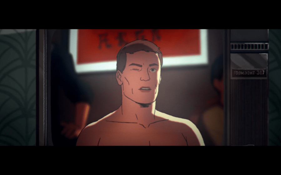 A shirtless man winking