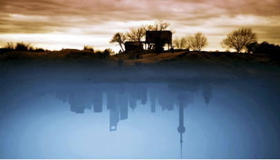 A skyline reflected in the water