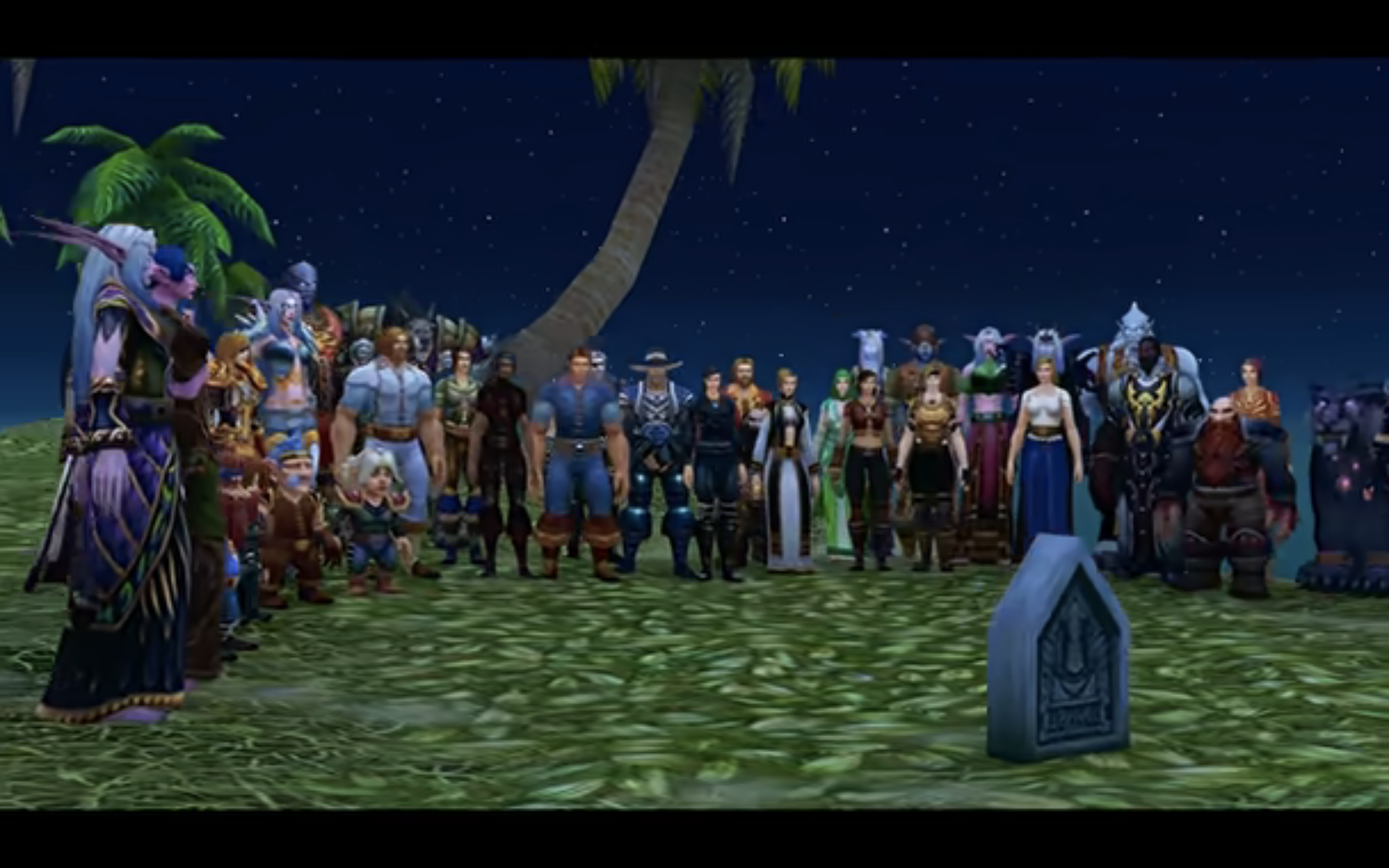 A group of animated medieval fantasy characters gather around a gravestone