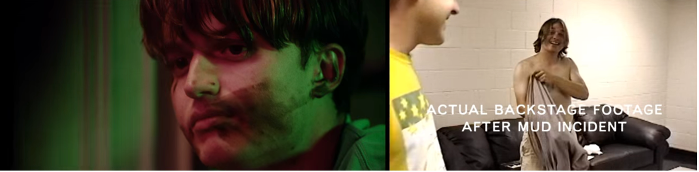 split screen image on the left is a close up of a young man's face and on the rightis two men, one is changing his shirt